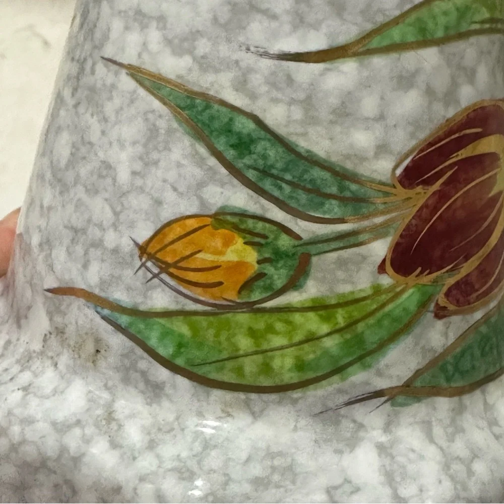 Vintage Italian Hand Painted Planter Marbled Blue Gold Rim Red Flower ITALY